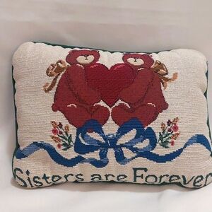 Vtg “Sisters are Forever” Crosstich Handmade Pillow 9 x 11” Bears motif